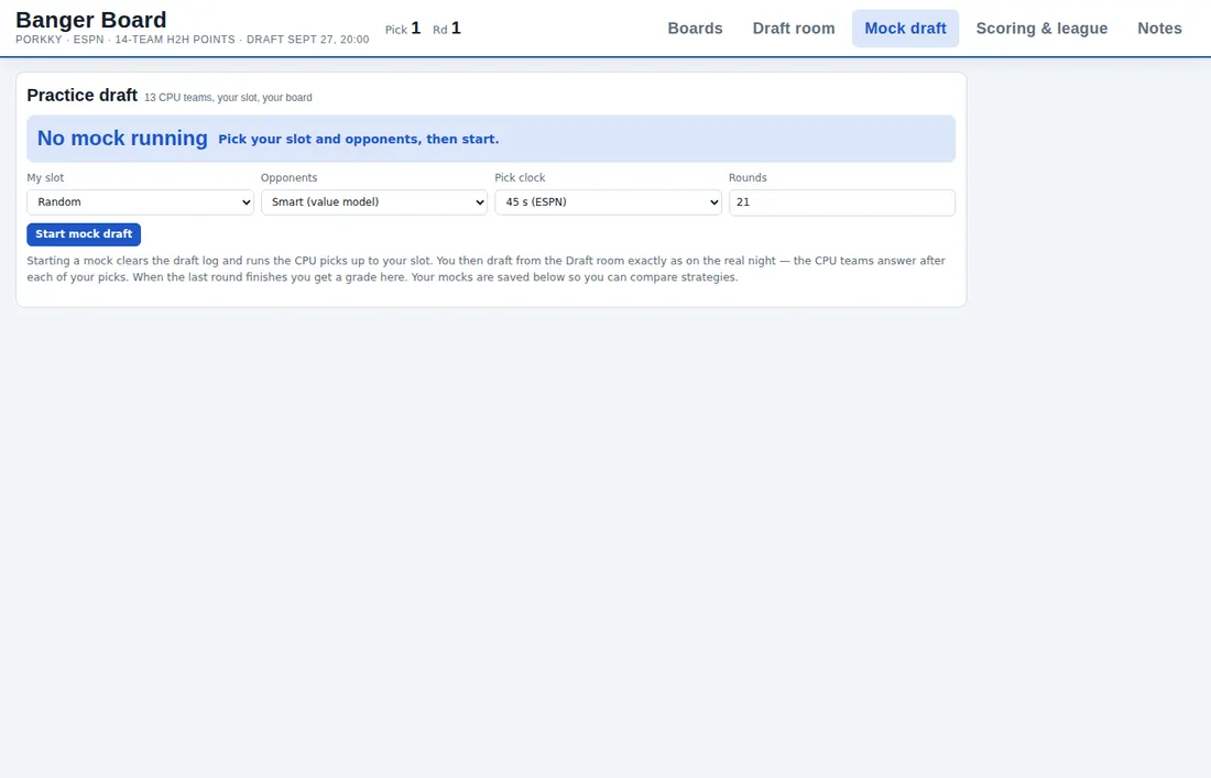 Banger Board mock draft setup screen with team count, draft slot, CPU drafter style and clock settings.